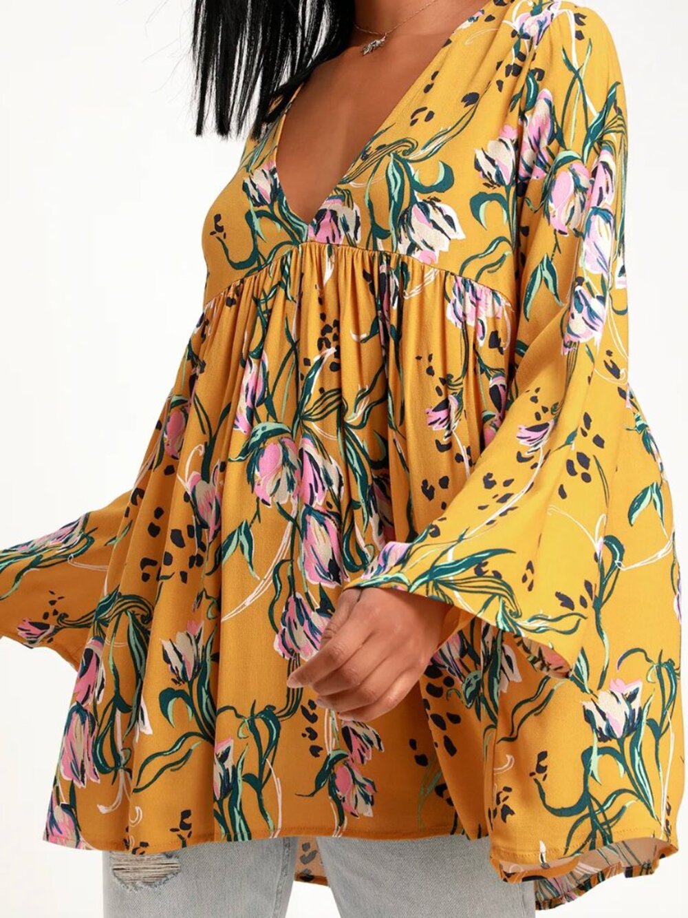 Free People Bella Floral Tunic Top Womens Large Yellow Bell Sleeve Festival Wear